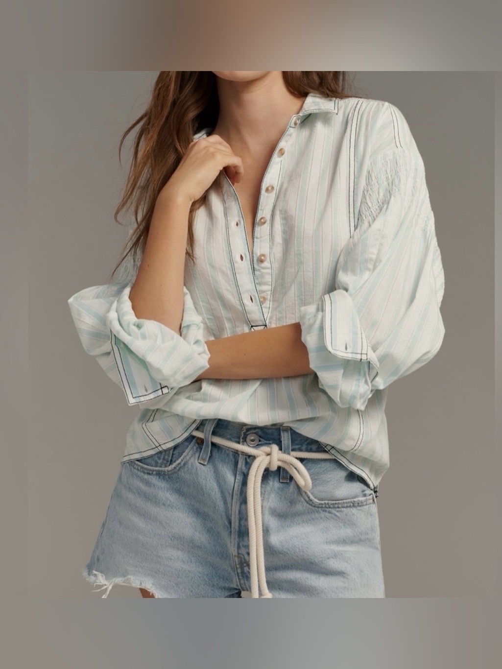 Pilcro By Anthropologie Cotton Teal And White Striped Blouse - Size S